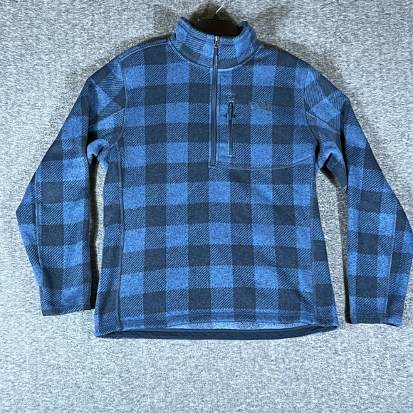 The North Face Mens L/G Fleece Pullover Blue Black Plaid 1/4 Zip Top - Picture 1 of 9